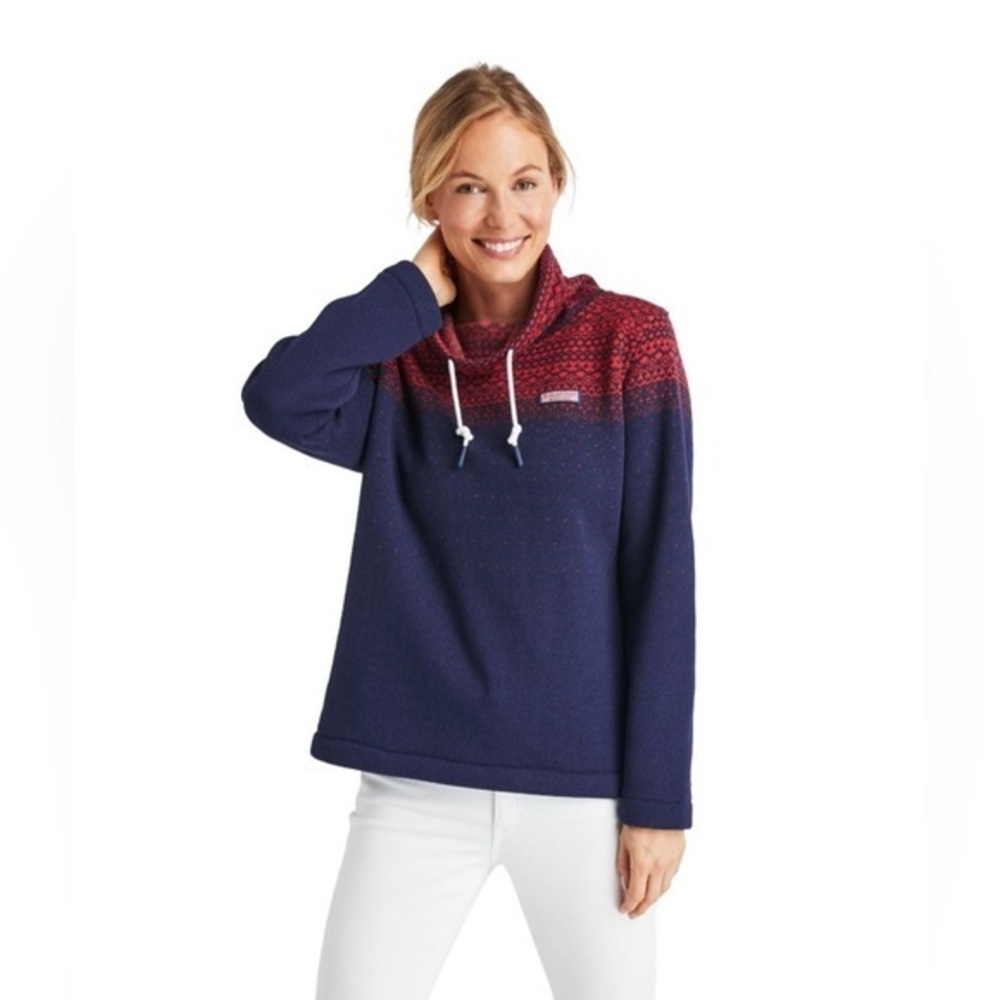 Vineyard Vines Fair Isle Funnel Neck Pullover In Deep Bay Red Blue Size Medium